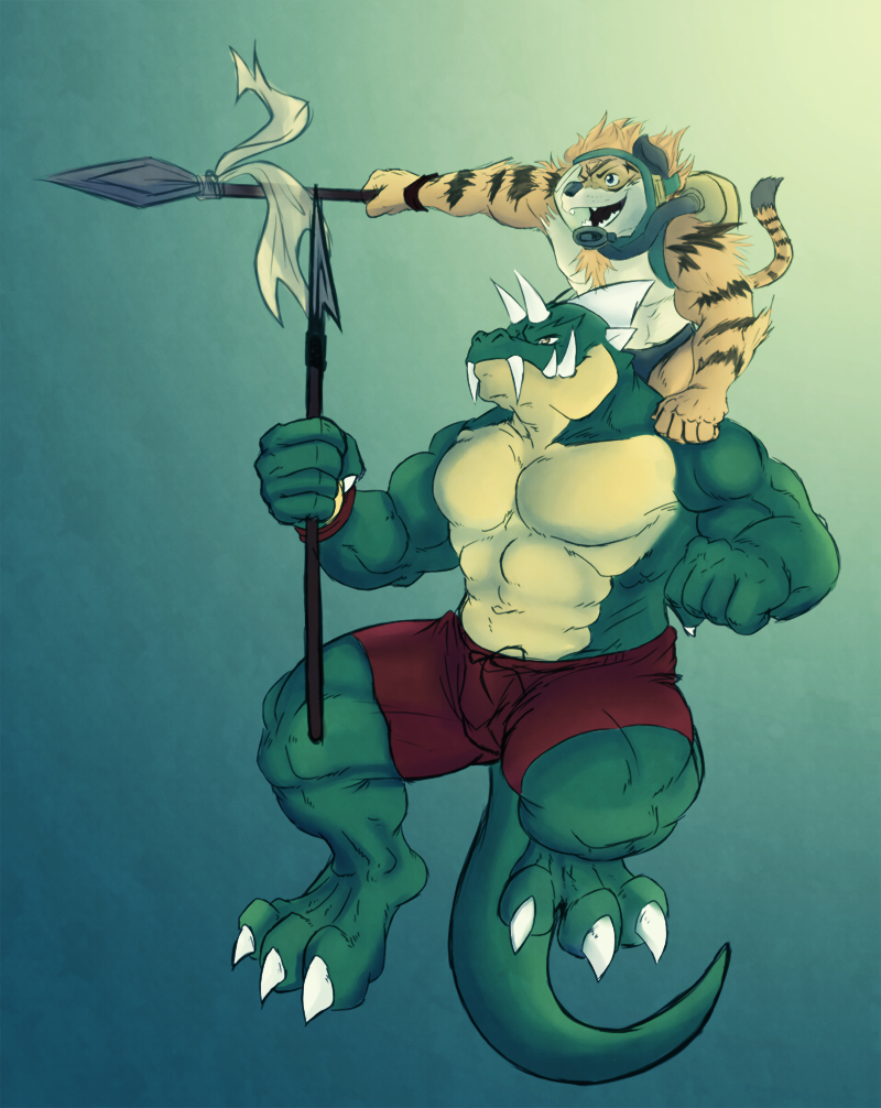 anthro biceps big_muscles black_fur black_nose blue_eyes body_markings bulge chest_tuft chubby claws clothing dragon duo fangs feline fur green_skin grin gripping holding horn male mammal markings musclegut muscles open_mouth orange_fur pecs polearm pose reptile scales scalie scuba shorts smile spear speedo steven stripes swimsuit teeth tiger timberwolfmax toe_claws toned topless tuft underwater water weapon white_fur yellow_eyes yellow_skin