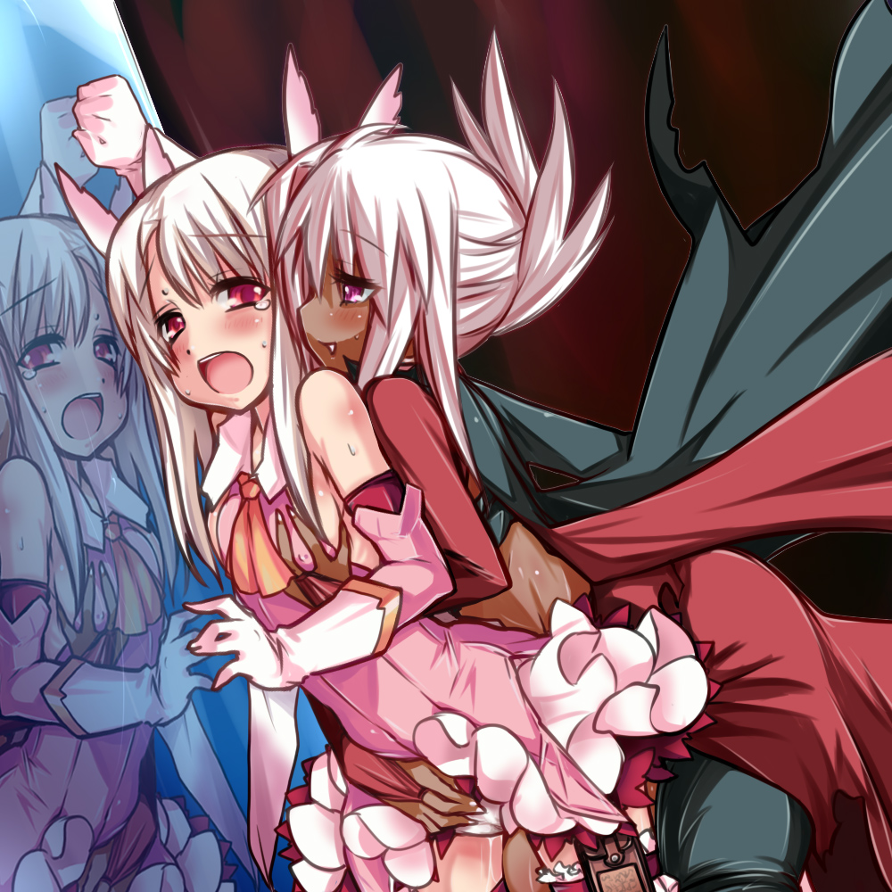 blush bridal_gauntlets cape chloe_von_einzbern crying crying_with_eyes_open detached_sleeves fate/kaleid_liner_prisma_illya fate_(series) feathers fingering fingering_through_clothes fingering_through_panties gloves gorakujin hair_feathers half_updo illyasviel_von_einzbern long_hair magical_girl midriff mirror multiple_girls panties pink_hair prisma_illya purple_eyes pussy_juice pussy_juice_trail red_eyes reflection silver_hair tears thigh_pouch thigh_strap through_clothes underwear wet wet_clothes wet_panties yuri