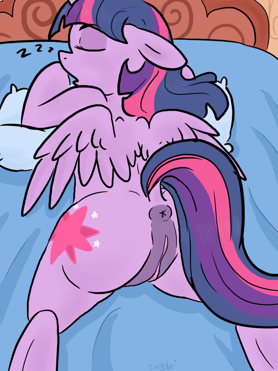 anus bed cutie_mark equine eyes_closed female feral friendship_is_magic fur hair horn horse inkyblot mammal my_little_pony pillow pony purple_eyes purple_fur purple_hair pussy sleeping text twilight_sparkle_(mlp) winged_unicorn wings
