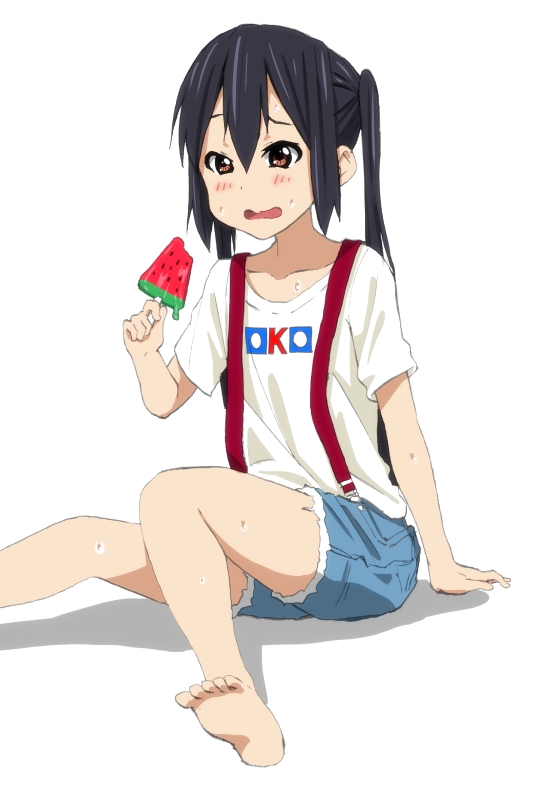 barefoot black_hair brown_eyes casual food k-on! long_hair nakano_azusa popsicle suspenders twintails watanore watermelon_bar