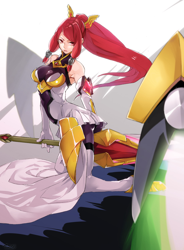 armor blazblue boots gloves hyakuhachi_(over3) izayoi_(blazblue) lance long_hair polearm red_eyes red_hair solo thigh_boots thighhighs weapon