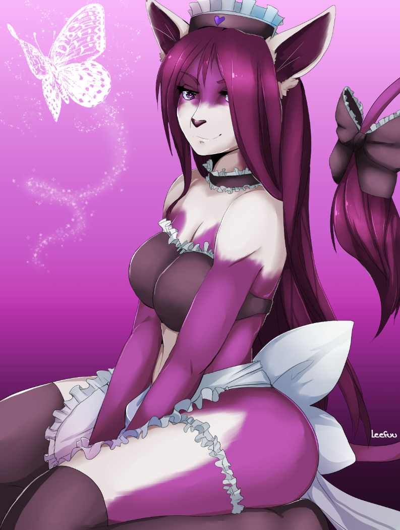 &lt;3 2013 apron bow breasts butterfly clothed clothing dragon feline female hair hybrid insect long_hair looking_at_viewer maid maid_uniform mrawl purple_background purple_eyes purple_fur purple_hair purple_nose sitting skimpy smile solo stockings thick_thighs thighs white_fur