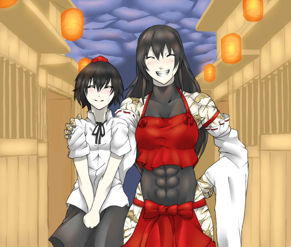 42gami abs black_hair blush closed_eyes detached_sleeves grin hakama hand_on_hip hand_on_shoulder hands_clasped japanese_clothes leotard long_hair m.u.g.e.n multiple_girls muscle muscular_female nontraditional_miko original own_hands_together red_hakama scar sendai_hakurei_no_miko shameimaru_aya smile taut_clothes touhou v_arms wide_sleeves