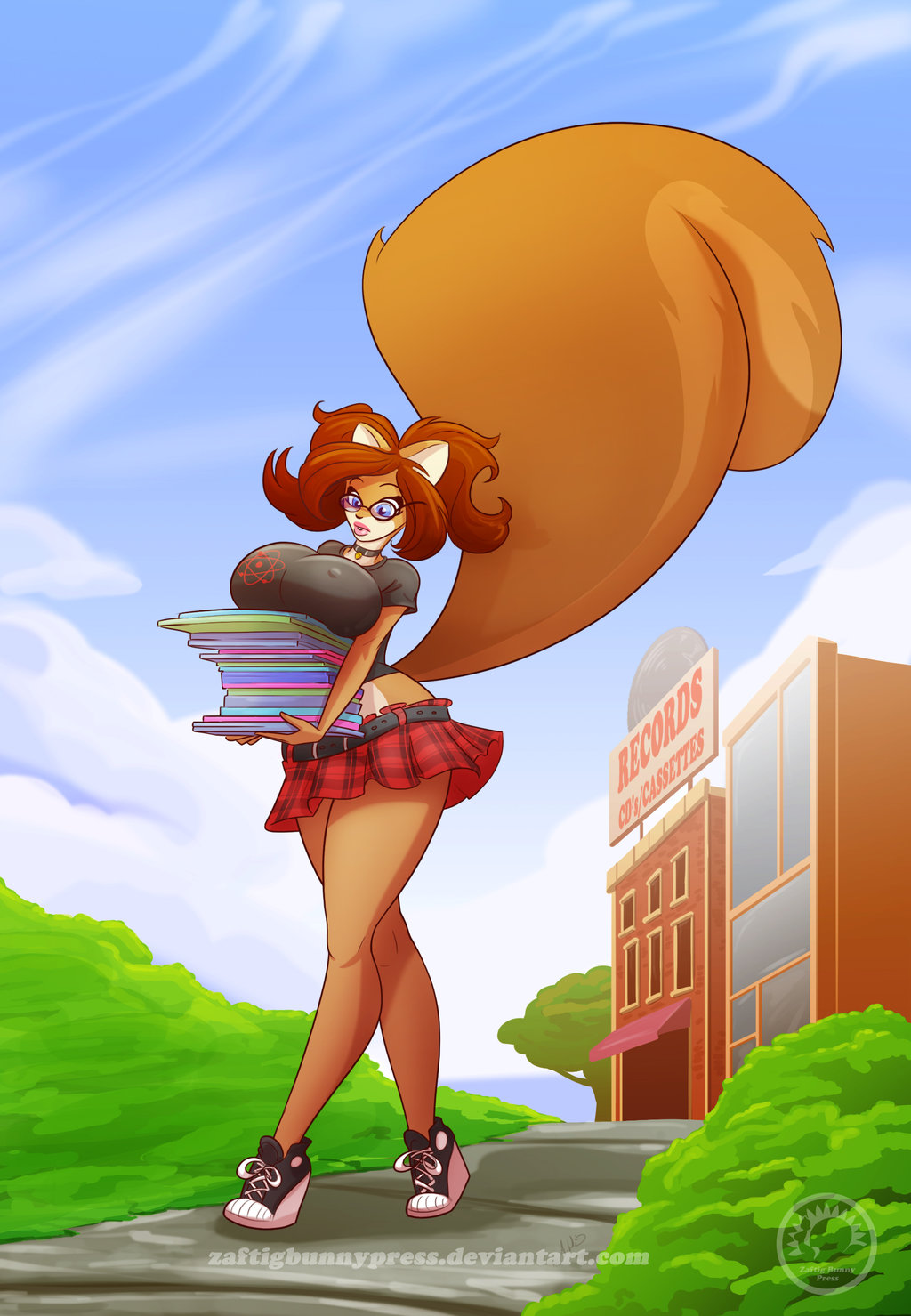 anthro belt big_breasts big_tail blue_eyes breasts brown_hair building choker clothed clothing cloud eyewear female fluffy_tail fur glasses hair lips long_hair looking_down mammal orange_fur outside rodent shoes skirt sky solo squirrel thighs walking white_fur wide_hips zaftigbunnypress