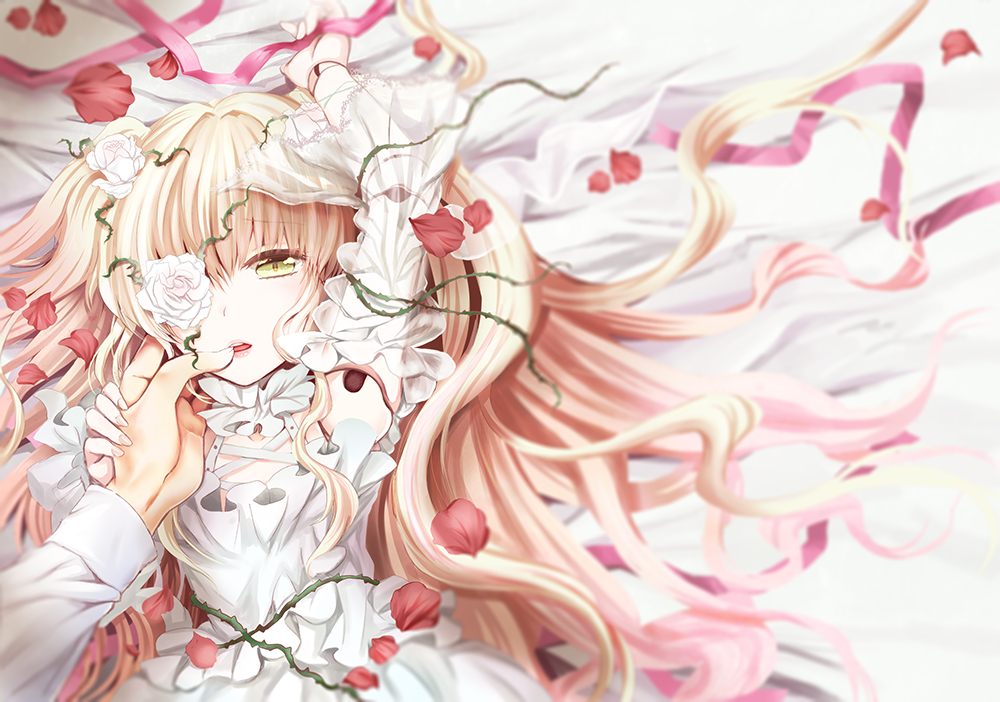 ai_(creamcaramel) arm_over_head armpits blonde_hair doll_joints dress eyepatch flower frills gothic_lolita hand_on_another's_face hands kirakishou lolita_fashion long_hair lying open_mouth plant rose rozen_maiden sakurada_jun solo_focus teeth vines wide_sleeves yellow_eyes