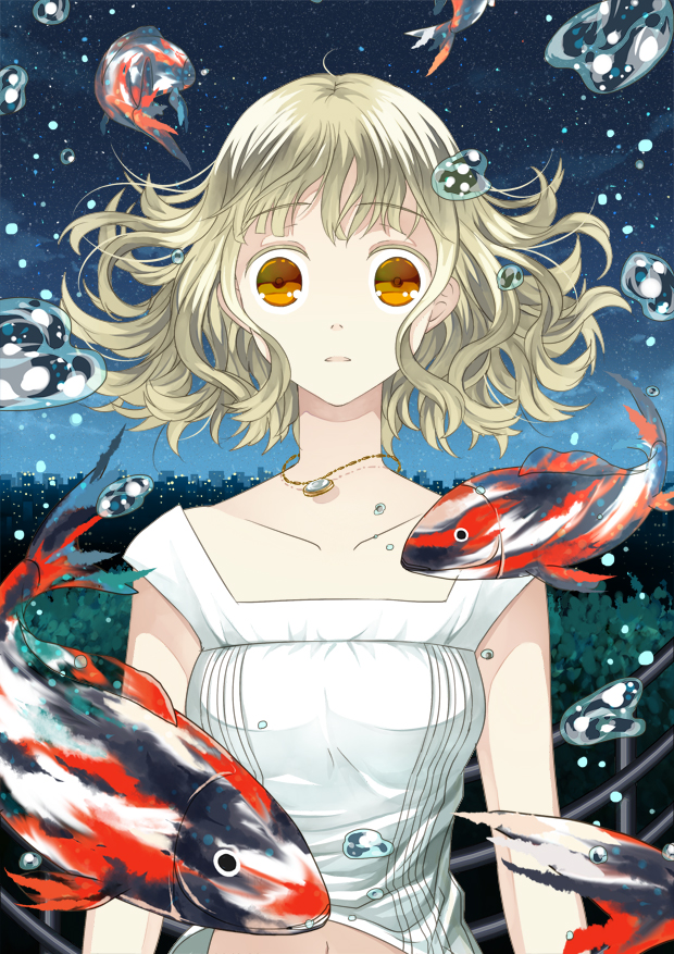 act_(a-c-t) air_bubble bad_id bad_pixiv_id bare_arms blonde_hair bubble chain_necklace cityscape collarbone curly_hair eyebrows_visible_through_hair fish hair_spread_out jewelry navel necklace night night_sky orange_eyes original outdoors parted_lips pendant shiny shiny_hair shirt shirt_lift short_hair sky sleeveless sleeveless_shirt solo standing star_(sky) starry_sky stomach surreal tareme underwater upper_body water wide-eyed