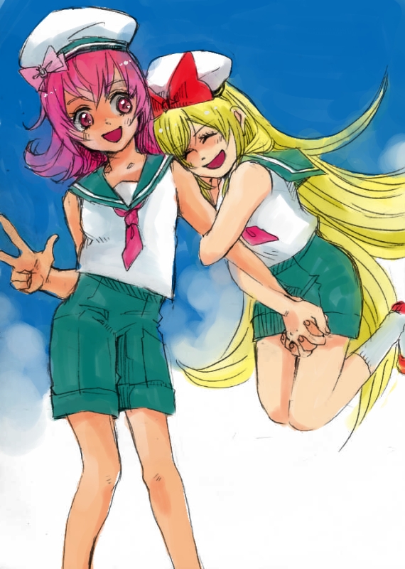 aida_mana alternate_costume arm_hug blonde_hair blue_sailor_collar bow closed_eyes dokidoki!_precure flipped_hair hair_bow half_updo hat holding_hands long_hair multiple_girls pink_bow pink_eyes pink_hair precure regina_(dokidoki!_precure) sailor_collar sailor_hat shorts v yumemero