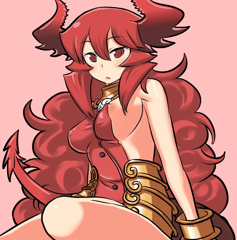 :&lt; armlet armor bad_id bad_tumblr_id bare_legs bare_shoulders blush boots bracelet breasts covered_nipples demon_girl demon_tail frown horns jewelry large_breasts long_hair maou_beluzel matsuda_yuusuke nipple_slip nipples red_eyes red_hair sitting solo tail yuusha_to_maou