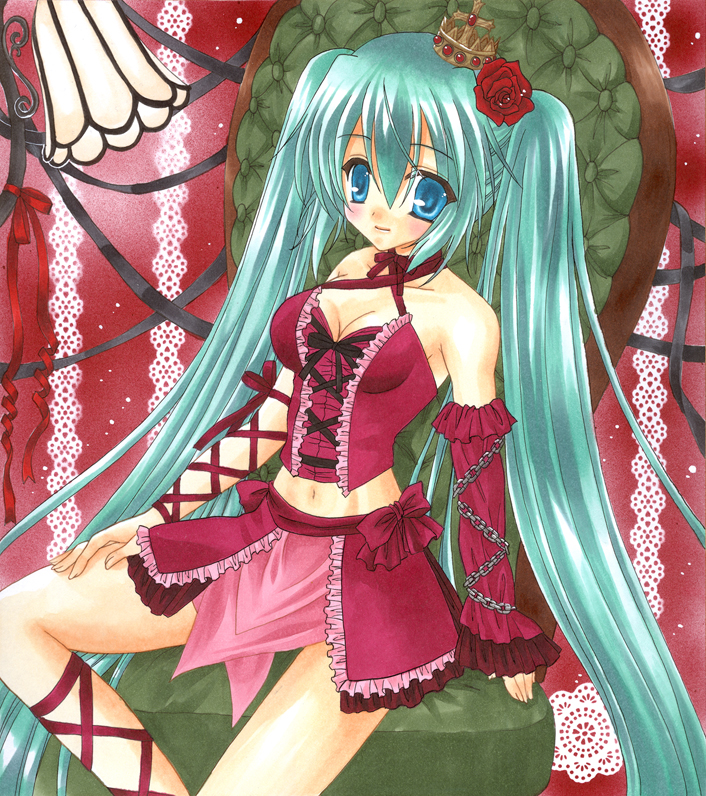 aqua_eyes aqua_hair arm_ribbon bare_shoulders chain corset crown detached_sleeves flower frills hair_flower hair_ornament hatsune_miku kirishima_(manatsuya) leg_ribbon long_hair marker_(medium) midriff navel nib_pen_(medium) project_diva_(series) project_diva_2nd ribbon romeo_to_cinderella_(vocaloid) sitting solo traditional_media twintails very_long_hair vintage_dress_(module) vocaloid