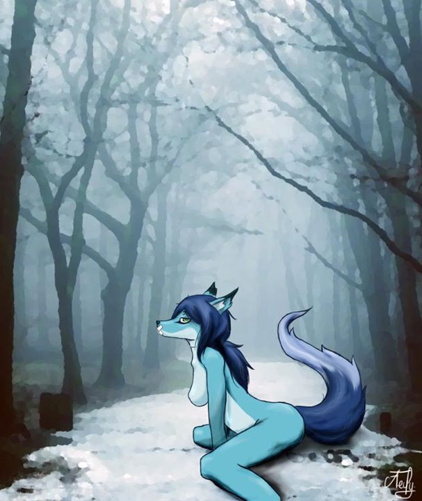 blue-hair breasts canine elisiami_fox female fleufy fog forest fox green_eyes hair mammal nude side_boob site snow solo tree