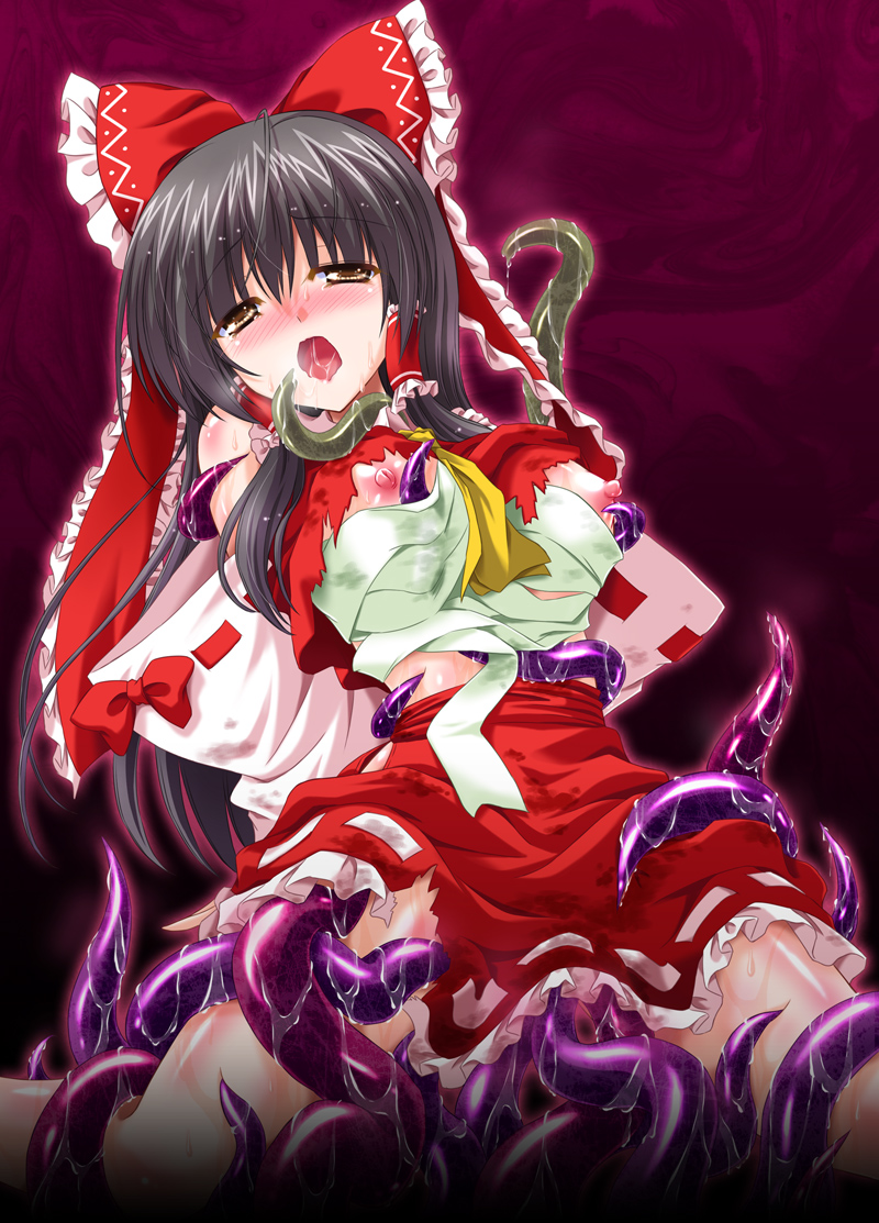 blush breasts detached_sleeves hair_ribbon hakurei_reimu large_breasts long_hair nipples open_mouth ribbon sarashi slime solo tears tentacles tentacles_under_clothes touhou yamu_(reverse_noise)