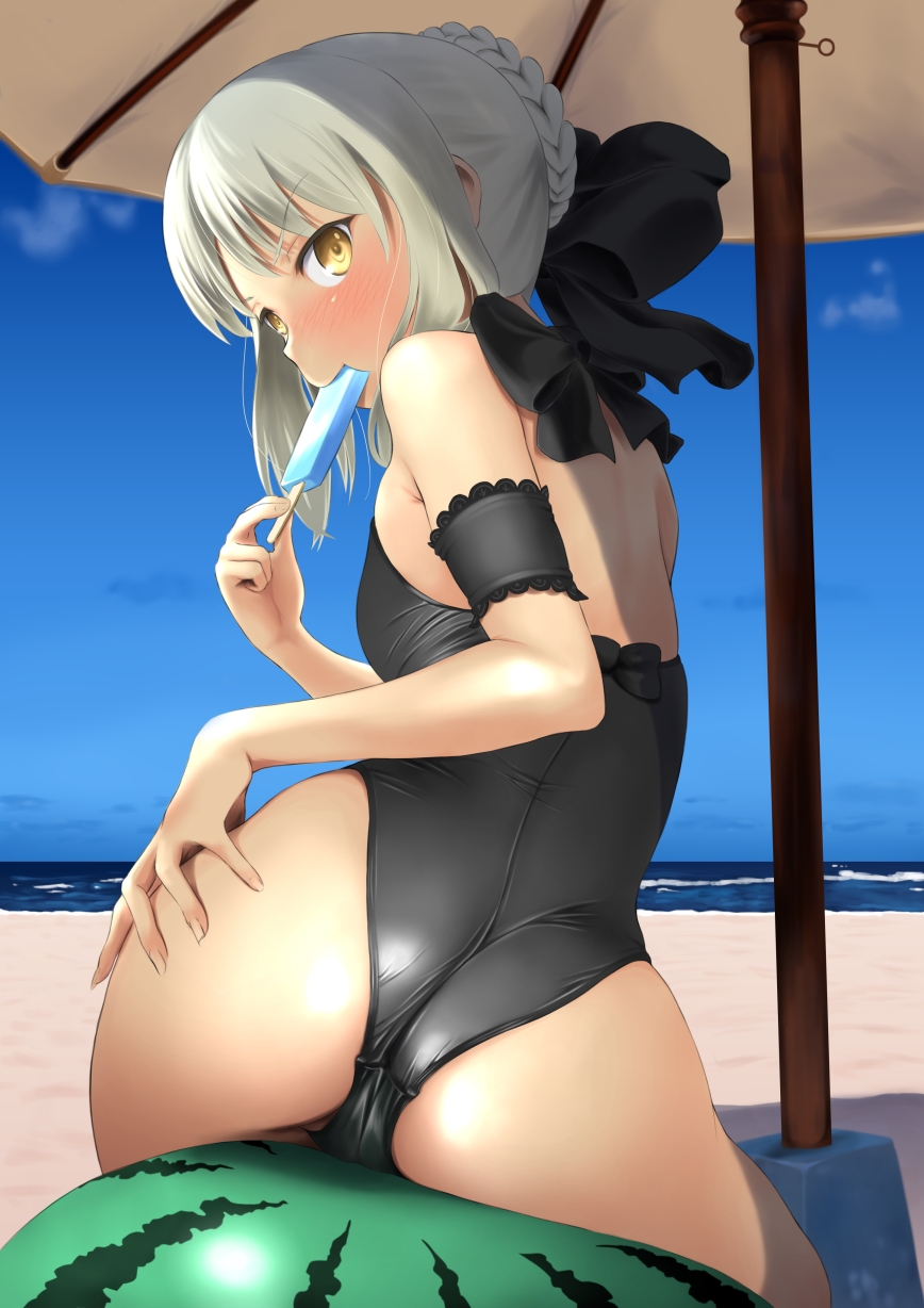 arm_garter artoria_pendragon_(all) ass beach black_swimsuit blush bow day eating fate/stay_night fate_(series) food food_in_mouth from_behind fruit hair_bow hand_on_ass highres holding holding_food looking_at_viewer looking_back one-piece_swimsuit outdoors popsicle saber_alter silver_hair sitting sky solo swimsuit umbrella wa_(genryusui) watermelon yellow_eyes