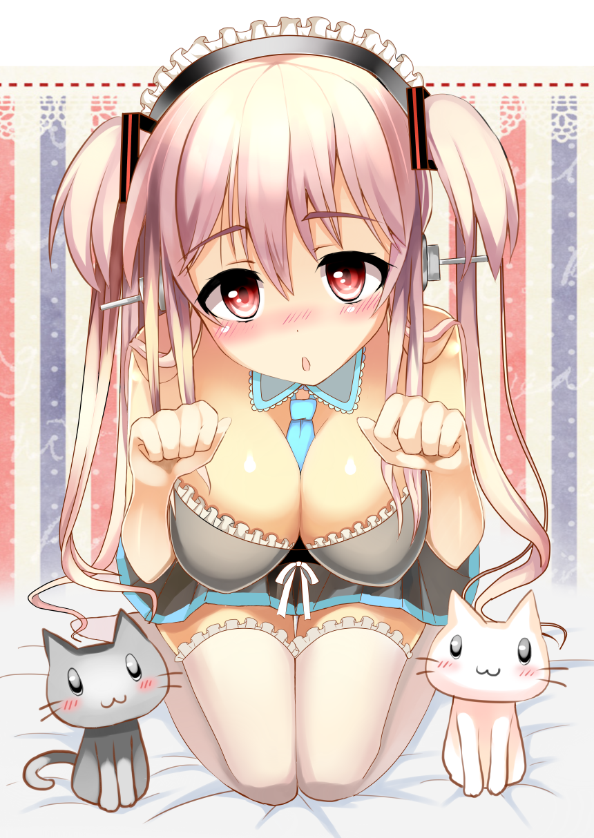 :3 bad_id bad_pixiv_id between_breasts blush breasts cat cleavage collar cosplay hatsune_miku hatsune_miku_(cosplay) headphones highres long_hair medium_breasts necktie nitroplus open_mouth paw_pose pink_hair razuchi red_eyes seiza sitting skirt solo striped striped_background super_sonico thighhighs twintails vertical-striped_background vertical_stripes vocaloid