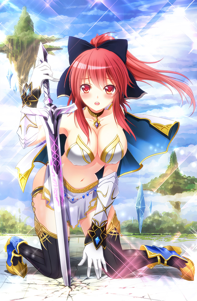 black_legwear blush bow breasts brooch cape cleavage collarbone gauntlets gloves hair_bow jewelry large_breasts long_hair maya_(guardian_knights) md5_mismatch meiyaku_no_guardian_knights midriff navel open_mouth ponytail red_eyes red_hair solo sword thighhighs weapon yukiko013