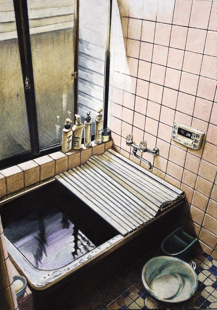 bathtub colored_pencil_(medium) faucet hayashi_ryouta indoors no_humans original realistic scenery tile_floor tiles traditional_media water window