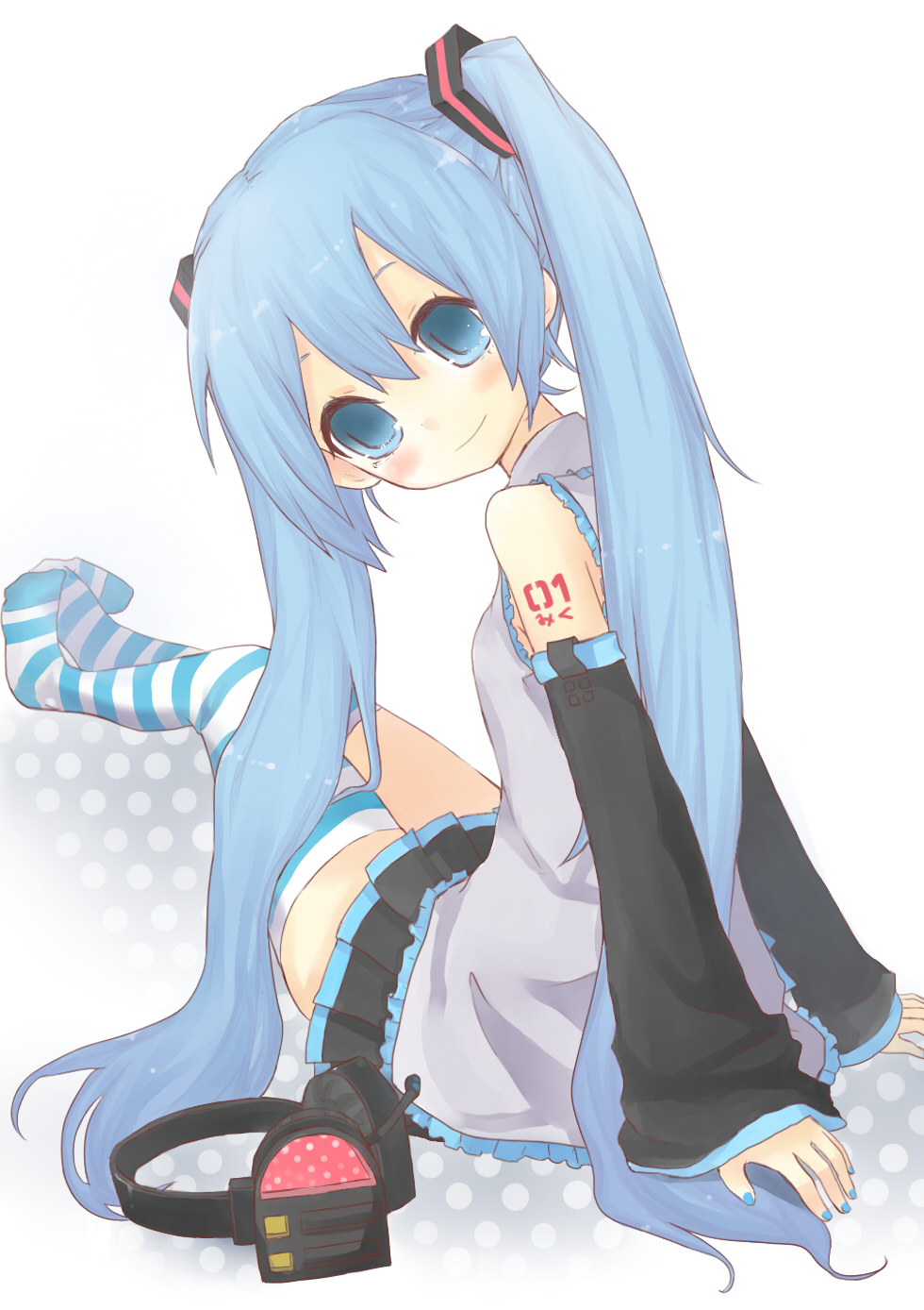 blue_eyes blue_hair character_name detached_sleeves from_behind hatsune_miku headset highres long_hair looking_at_viewer looking_back nail_polish sitting skirt solo striped striped_legwear tattoo thighhighs twintails very_long_hair vocaloid yuki-02