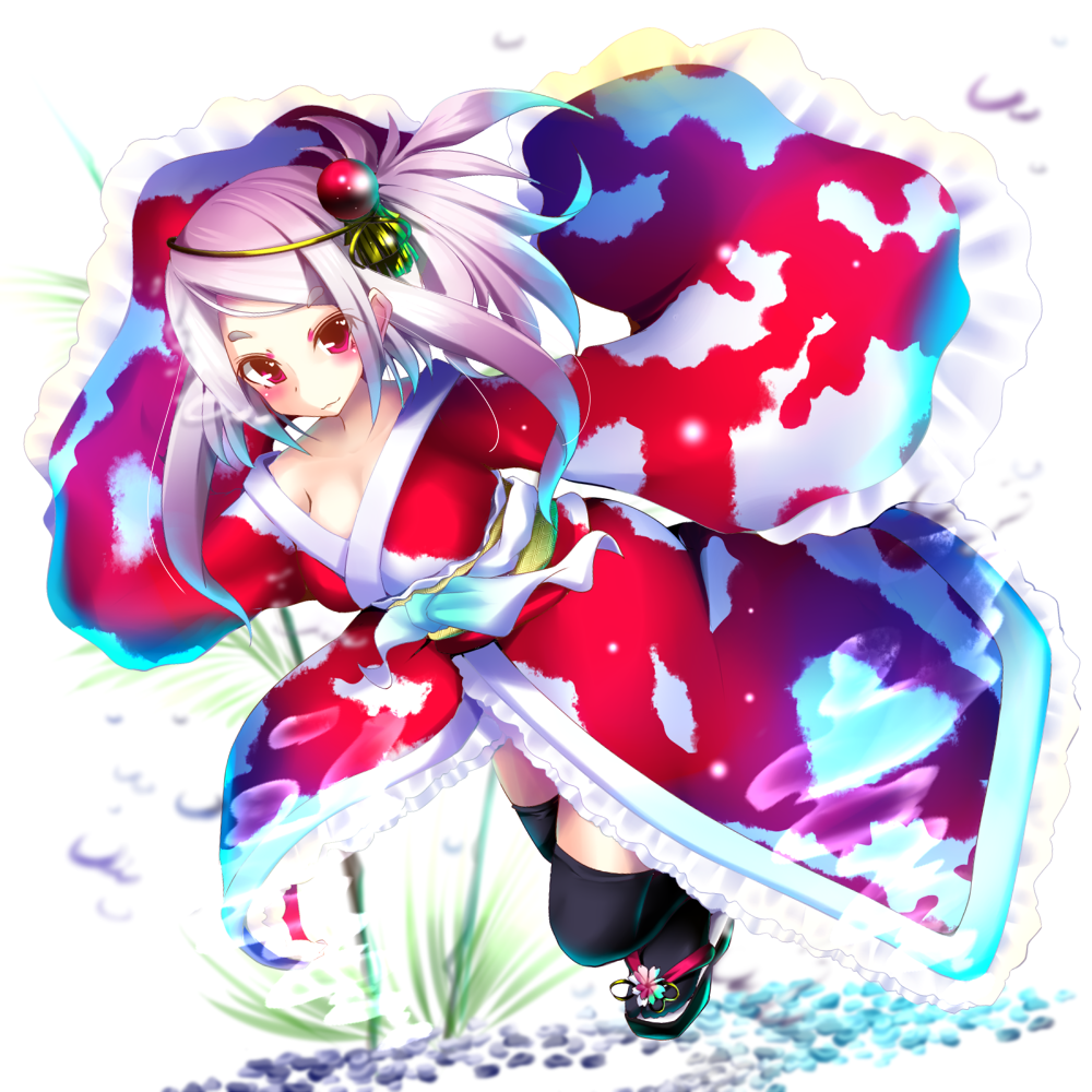 black_legwear bubble hair_ornament japanese_clothes kimono looking_at_viewer natsu_(anta_tte_hitoha) original red_eyes sandals silver_hair smile solo thighhighs underwater wide_sleeves
