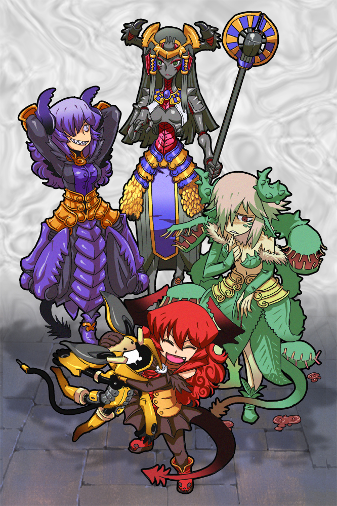 armor armored_dress blood boots breasts cable corset curly_hair demon_girl demon_tail eyeshadow fang faulds gauntlets green_eyes grin hair_over_one_eye horns hug insect_girl leaf long_hair makeup maou_beluzel medium_breasts monster_girl multiple_girls nise_maou_dokuzeru nise_maou_kanizeru nise_maou_kikaizeru nise_maou_sukaraberu pantyhose pink_hair plant plant_girl pointing pubic_hair purple_eyes red_eyes red_hair robot robot_ears scales sharp_teeth short_hair skirt slender_waist smile staff tail takahashi_note teeth venus_flytrap yuusha_to_maou
