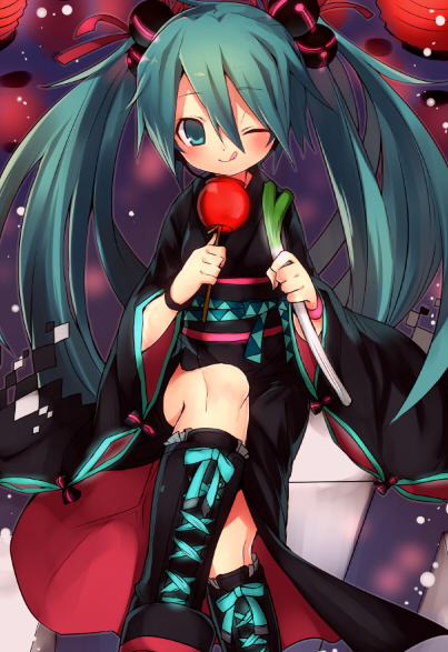 ;q aqua_eyes aqua_hair blush boots bracelet candy_apple cross-laced_footwear festival food hatsune_miku japanese_clothes jewelry ju-zika kimono knee_boots lace-up_boots long_hair one_eye_closed smile solo spring_onion tongue tongue_out twintails vocaloid