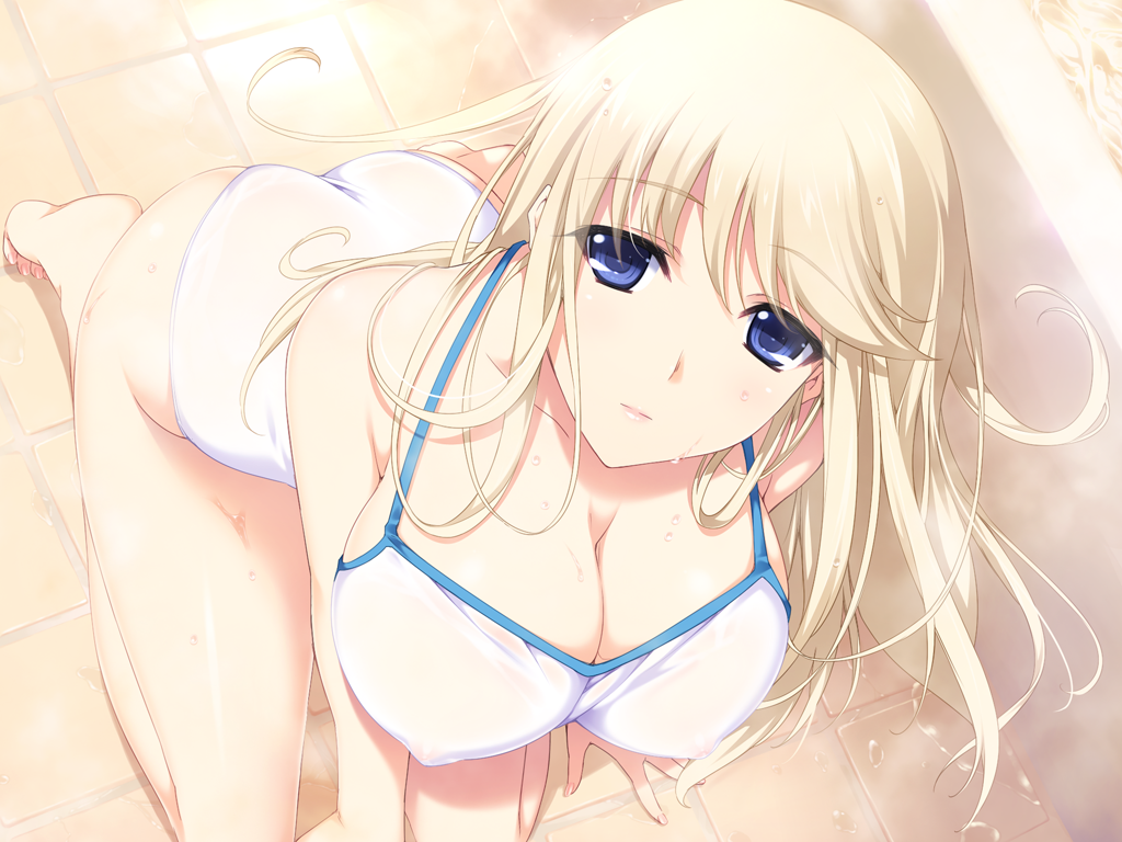 1girl bath bathroom bathtub blonde_hair blue_eyes breasts cleavage covered_nipples erect_nipples feet game_cg highres huge_breasts iizuki_tasuku kneeling legs long_hair looking_at_viewer lovely_x_cation_2 serious solo steam sweat swimsuit thighs toes water yoshinoya_seine