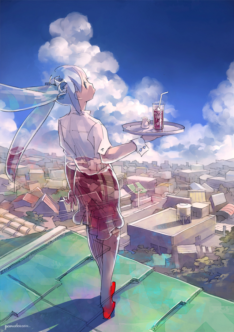 city cloud cup day detached_sleeves drink drinking_glass from_behind long_hair looking_back original pomodorosa rooftop sky solo transparent twintails wrist_cuffs