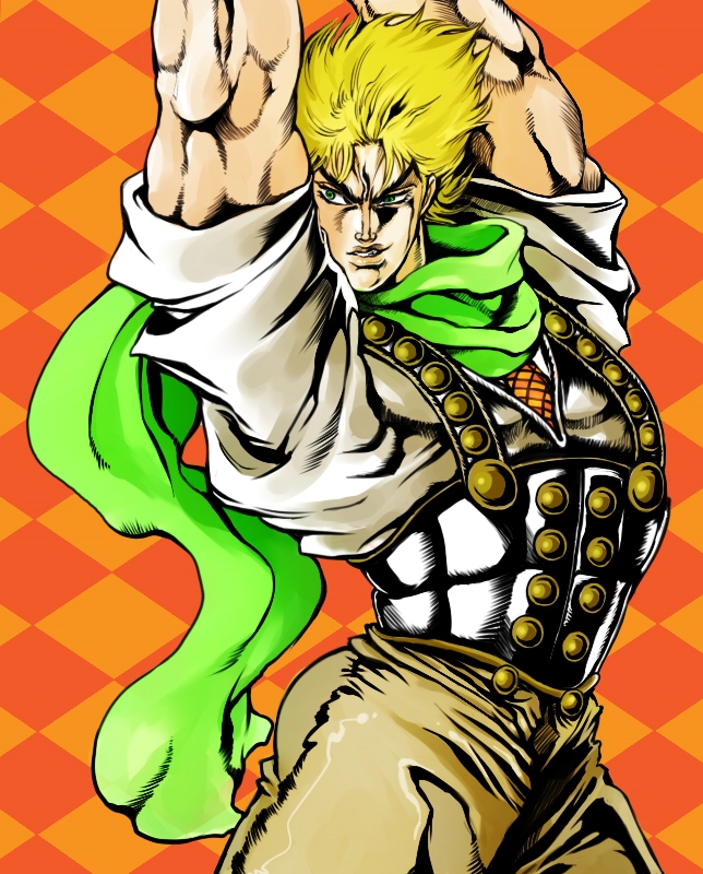 araki_hirohiko_(style) bad_id bad_pixiv_id blonde_hair dio_brando green_eyes jack-ddd-no13 jojo_no_kimyou_na_bouken male_focus manly muscle scarf solo vampire