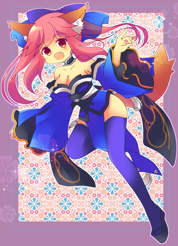 animal_ears bare_shoulders blue_legwear bow breasts choker cleavage clog_sandals detached_sleeves fang fate/extra fate_(series) fox_ears fox_tail hair_bow hair_ribbon japanese_clothes medium_breasts mishin obi open_mouth pink_hair ribbon sash smile solo tail tamamo_(fate)_(all) tamamo_no_mae_(fate) thighhighs twintails wide_sleeves yellow_eyes