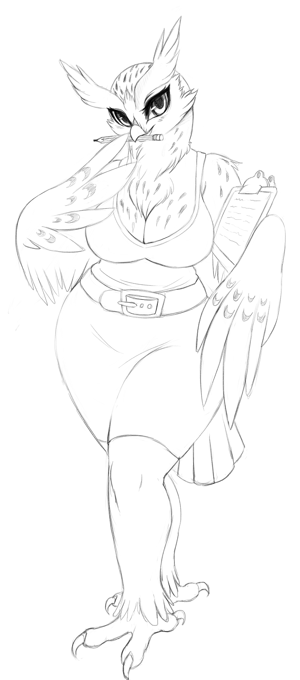 aiya anthro avian beak belt big_breasts bird breasts chest_tuft claws cleavage clipboard clothed clothing female fur hi_res invalid_tag line_art looking_at_viewer non-mammal_breasts owl pencil plain_background sif sketch solo standing talons thick_thighs tuft white_background wide_hips wings