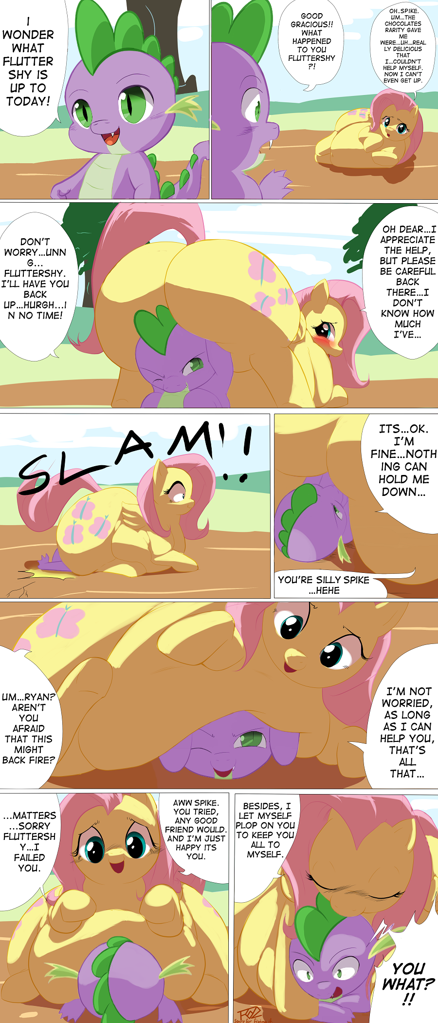 big_butt blue_eyes blush butt cutie_mark dialog dragon duo edit english_text equine eyes eyes_closed female feral fluttershy_(mlp) friendship_is_magic fur green_eyes hair horse lying male mammal my_little_pony outside overweight pegasus pink_hair pinned pony scalie smile spike_(mlp) squash squashed squashing text trinity-fate62 wings yellow_fur