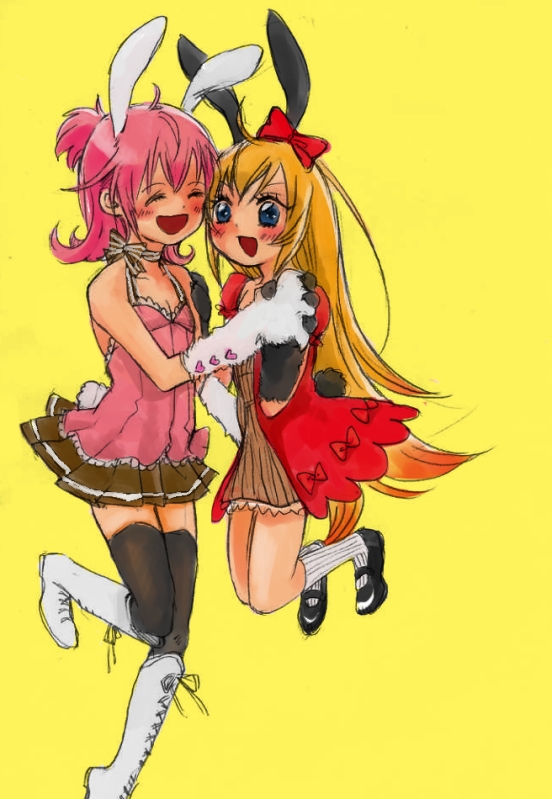 :d aida_mana alternate_costume animal_ears bare_shoulders blonde_hair blue_eyes boots bunny_ears dokidoki!_precure dress flipped_hair half_updo holding_hands jumping knee_boots long_hair multiple_girls open_mouth paws pink_hair ponytail precure regina_(dokidoki!_precure) smile thighhighs yellow_background yumemero zettai_ryouiki
