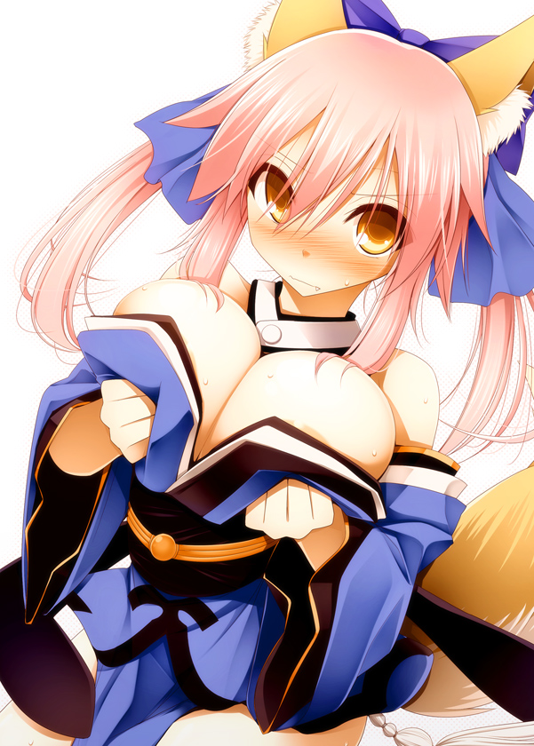 bare_shoulders blush bow breast_hold breasts bursting_breasts detached_sleeves eyebrows_visible_through_hair fang fang_out fate/extra fate_(series) fox_tail hair_bow kurikara large_breasts looking_at_viewer pink_hair red_eyes short_hair simple_background solo tail tamamo_(fate)_(all) tamamo_no_mae_(fate) twintails upper_body wavy_mouth white_background