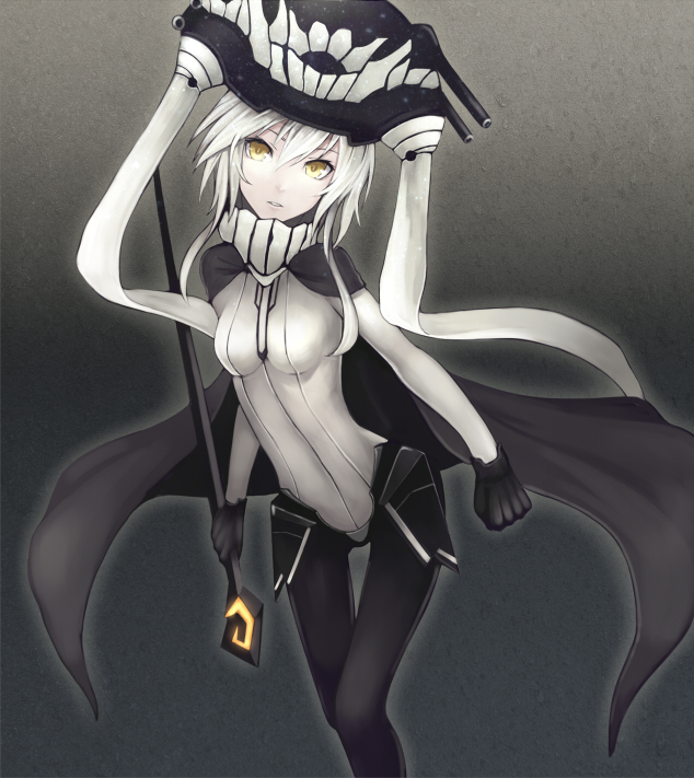 bad_id bad_pixiv_id banned_artist black_legwear bodysuit cape gloves hat kantai_collection kyoeiki long_hair pale_skin pantyhose parted_lips scepter shinkaisei-kan skin_tight solo tight white_hair wo-class_aircraft_carrier yellow_eyes