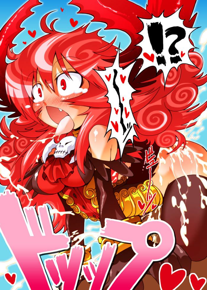 1girl armor armored_dress bad_id bad_pixiv_id black_gloves black_legwear blush bottomless breasts cum curly_hair demon_girl elbow_gloves fang fucked_silly full-face_blush gloves heart horns ichi_(ichikai) long_hair maou_beluzel medium_breasts red_eyes red_hair saliva shocked_eyes skull solo spoken_heart tears thighhighs tongue tongue_out yuusha_to_maou