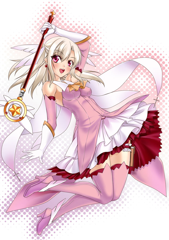 boots dress elbow_gloves fate/kaleid_liner_prisma_illya fate_(series) feathers gloves hair_feathers holding holding_wand illyasviel_von_einzbern kaleidostick long_hair magical_girl pink_footwear prisma_illya red_eyes shirokuma_a solo thigh_boots thighhighs wand white_hair