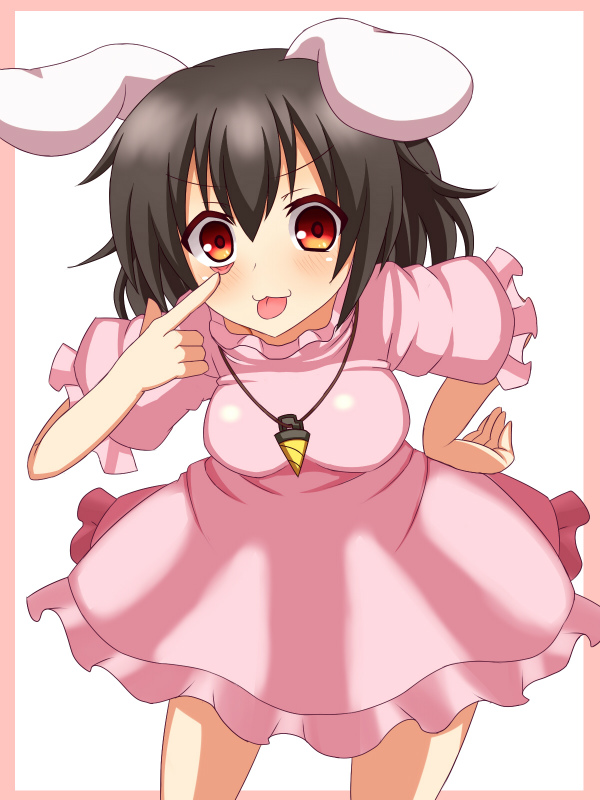 :3 akanbe animal_ears bad_id bad_pixiv_id bent_over black_hair breasts bunny_ears core_drill frame hand_on_hip haniwagi_(hal) inaba_tewi jewelry looking_at_viewer medium_breasts necklace petals pink_skirt red_eyes short_sleeves skirt solo tongue tongue_out touhou