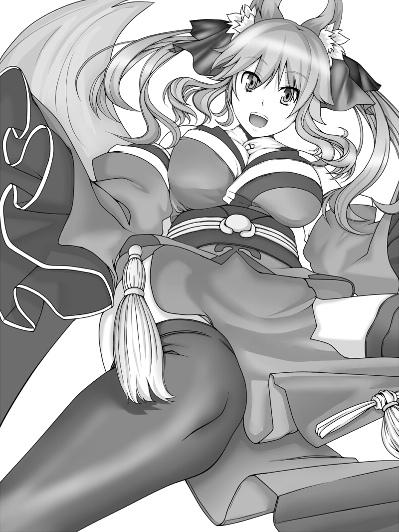 animal_ears bad_id bad_pixiv_id bare_shoulders bow breasts choker cleavage detached_sleeves fate/extra fate_(series) fox_ears greyscale hair_bow hair_ribbon ho-mei japanese_clothes large_breasts monochrome open_mouth ribbon smile solo tail tamamo_(fate)_(all) tamamo_no_mae_(fate) thighhighs twintails