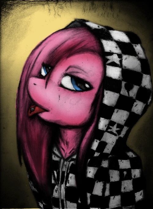 beige_background bipedal blue_eyes bust_portrait checkered clothing colored equine eyes female friendship_is_magic fur gradient_background hair hood hoodie horse husky50579 mammal my_little_pony painting_(art) piercing pink_fur pink_hair pink_skin pinkamena_(mlp) pinkie_pie_(mlp) pony punk side_view solo star_print teenager tongue tongue_out tongue_piercing