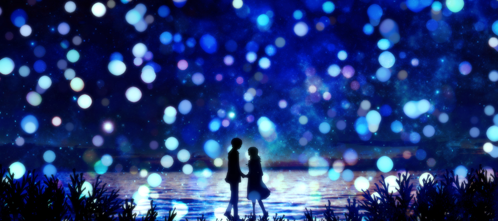 1girl bad_id bad_pixiv_id blue blurry bokeh couple depth_of_field grass harada_miyuki hetero holding_hands night original silhouette sky star_(sky) starry_sky water