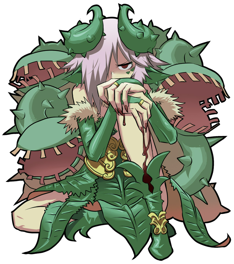 armor armored_dress bad_id bad_tumblr_id bare_legs bare_shoulders blood boots bridal_gauntlets fur_trim hair_over_one_eye horns leaf looking_at_viewer matsuda_yuusuke nail_polish nise_maou_dokuzeru pink_hair plant plant_girl red_eyes scales short_hair sitting skirt solo venus_flytrap yuusha_to_maou