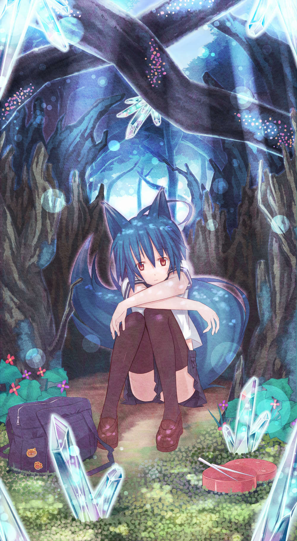 ahoge animal_ears bag black_legwear blue_hair branch chopsticks crossed_arms crystal flower forest highres loafers long_hair looking_at_viewer nature obentou original purple_eyes school_bag school_uniform serafuku shoes sitting skirt solo sunlight tail thighhighs toremoro_(curryworkshop) tree