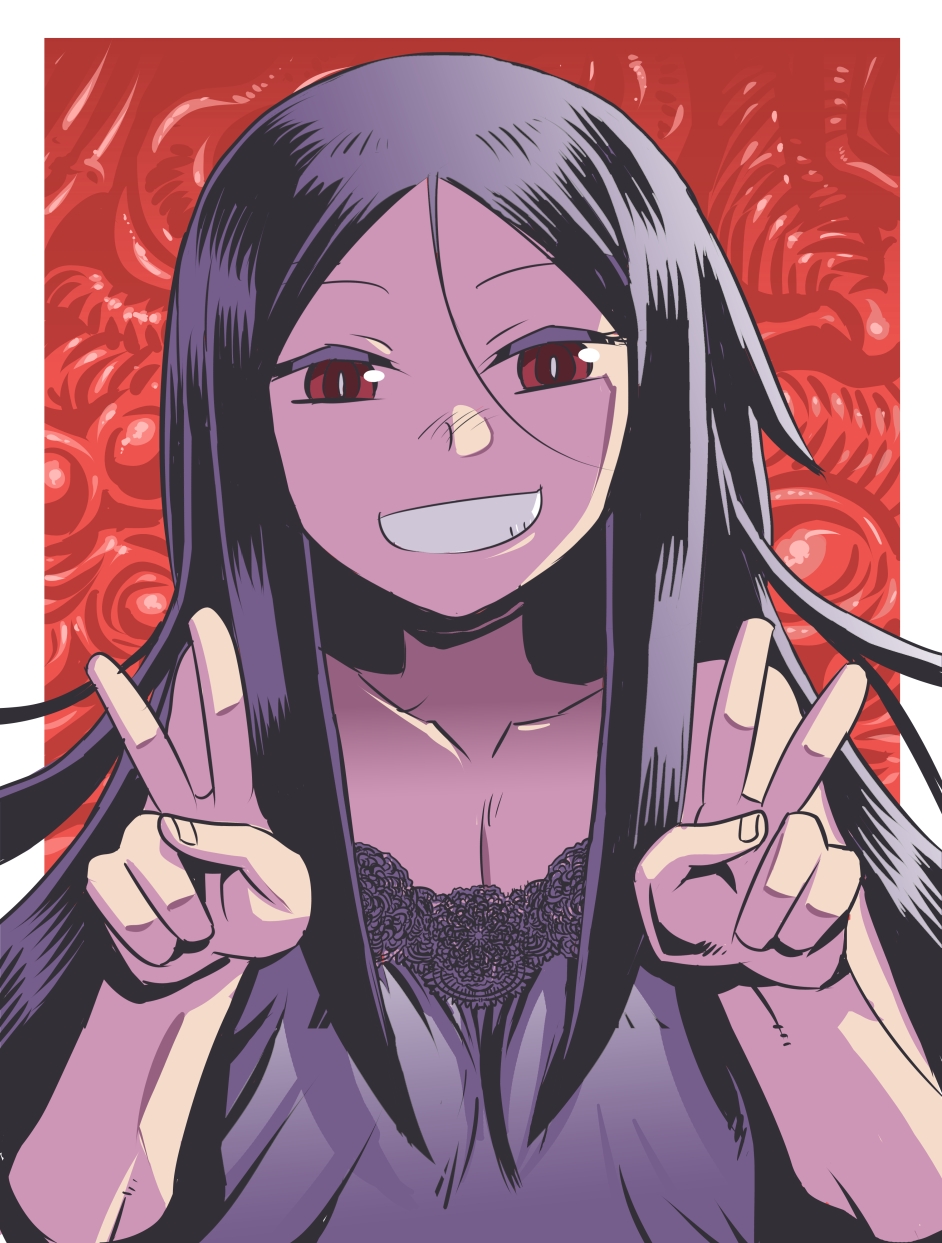 bad_id bad_tumblr_id bangs black_hair character_request copyright_request double_v flat_chest grin highres lingerie long_hair matsuda_yuusuke negligee parted_bangs red_eyes smile solo underwear v