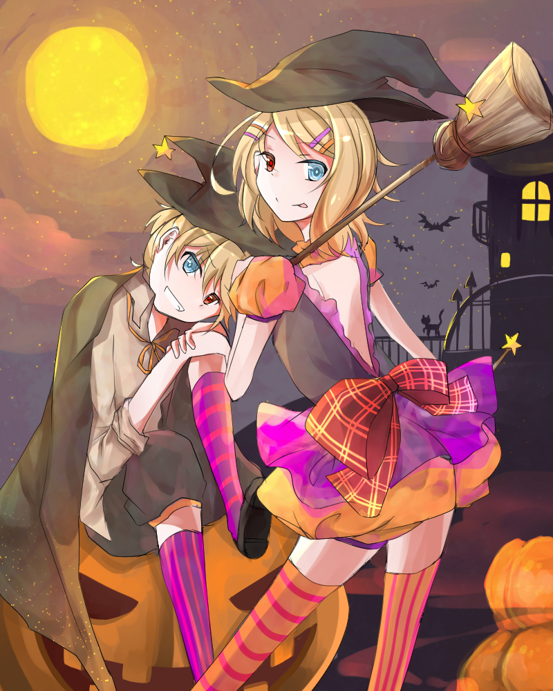 1boy 1girl :p backless_dress backless_outfit bat black_cat blonde_hair blue_eyes bow_skirt broom cape cat commentary dress grin hair_ornament halloween_costume hat head_tilt heterochromia jack-o'-lantern kagamine_len kagamine_rin knee_to_face kneehighs looking_at_viewer looking_back medium_hair moon night night_sky puffy_short_sleeves puffy_sleeves pumpkin purple_legwear red_eyes sazanami_(ripple1996) short_sleeves skirt sky smile standing star star_(sky) striped striped_legwear thighhighs tongue tongue_out vocaloid witch_hat