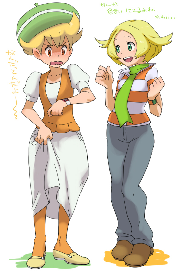 1girl @@@ bad_id bad_pixiv_id bel_(pokemon) blonde_hair blush cosplay costume_switch crossdressing full_body green_eyes hat jun_(pokemon) orange_legwear otoko_no_ko pantyhose pokemon pokemon_(game) pokemon_bw pokemon_dppt red_eyes short_hair skirt sweat translation_request wavy_mouth white_skirt