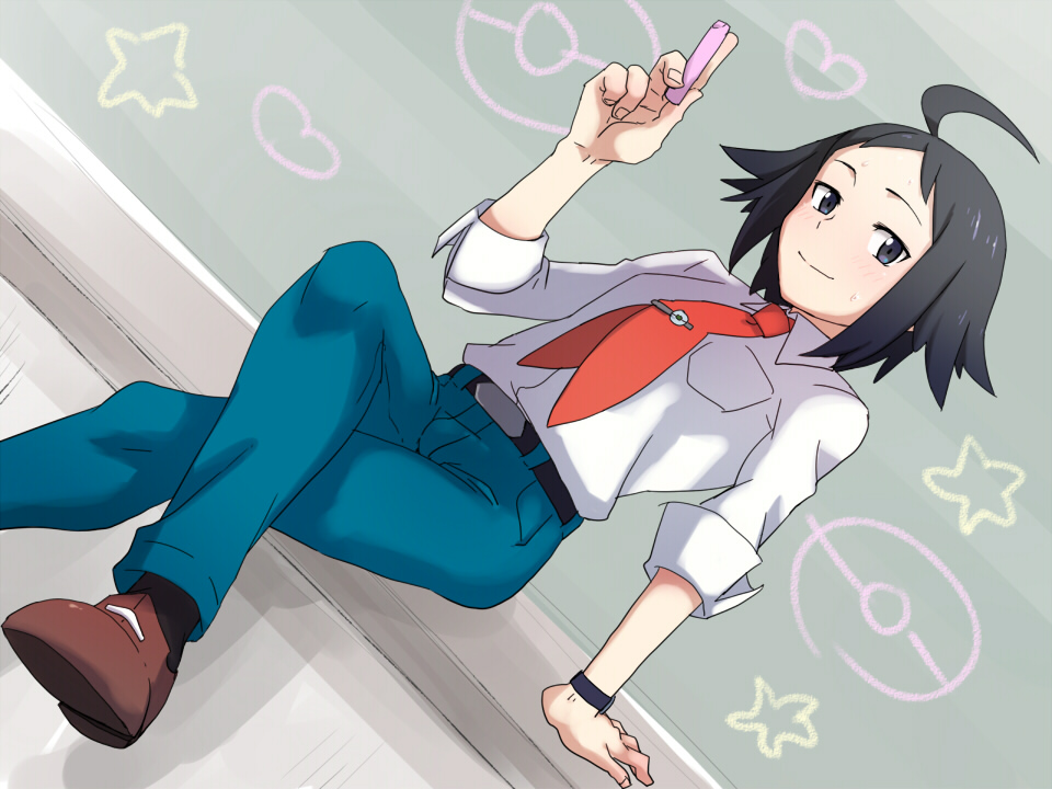 @@@ bad_id bad_pixiv_id belt black_eyes black_hair blush chalk cheren_(pokemon) crossed_legs male_focus necktie pokemon pokemon_(game) pokemon_bw2 sitting smile solo sweat