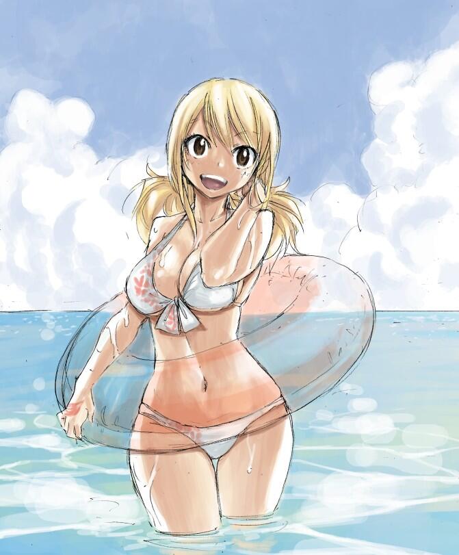 bikini blonde_hair breasts brown_eyes cleavage cloud day fairy_tail front-tie_bikini front-tie_top innertube large_breasts long_hair lucy_heartfilia mashima_hiro navel ocean official_art open_mouth see-through sky smile solo swimsuit tattoo thigh_gap wading water wet