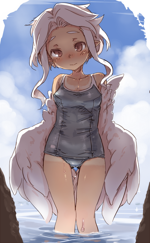 7010 blush brown_eyes feathered_wings feathers harpy long_hair looking_at_viewer monster_girl original pointy_ears school_uniform solo tan tanline thigh_gap wet white_hair wings