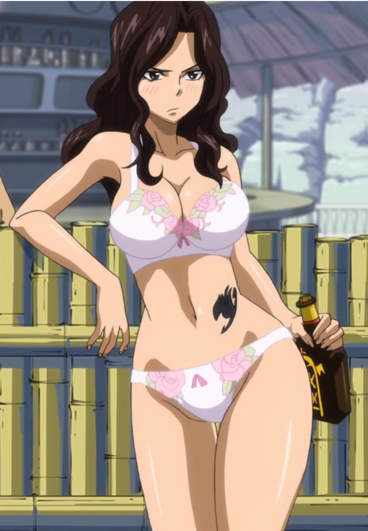 1girl alcohol blush bottle bra breasts brown_hair cana_alberona cleavage fairy_tail large_breasts leaning lingerie midriff panties screencap screenshot serious solo standing stitched tattoo underwear underwear_only wavy_hair