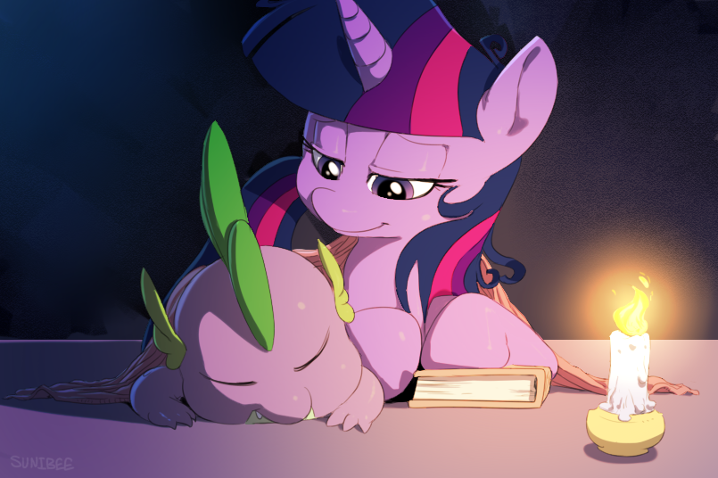 blanket book candle dragon duo equine eyes_closed fangs female feral fire friendship_is_magic hair horn horse lying mammal messy_hair multi-colored_hair my_little_pony pony purple_eyes scalie sleeping spike_(mlp) sunibee twilight_sparkle_(mlp) unicorn