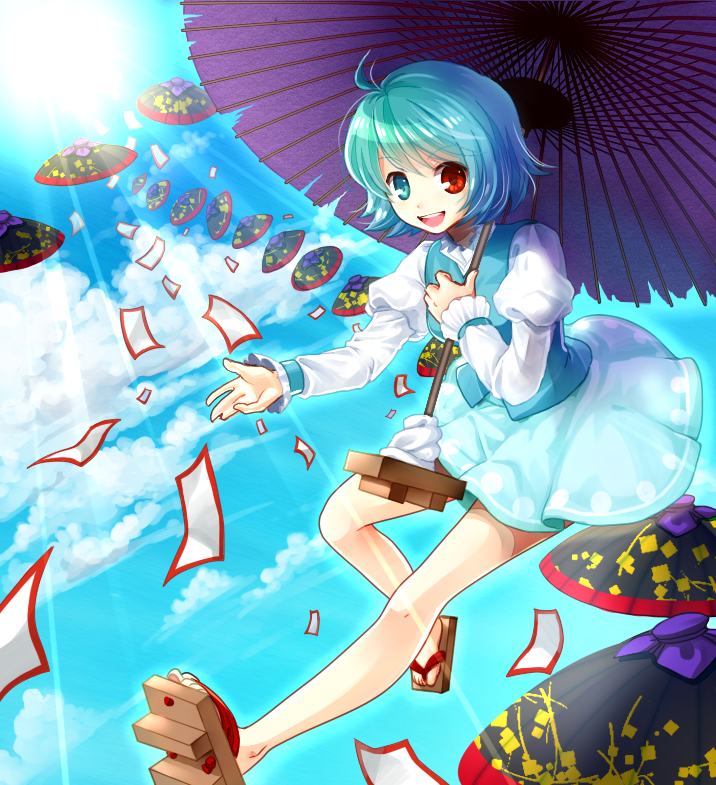 blue_hair blue_sky cloud day geta heterochromia juliet_sleeves long_sleeves looking_at_viewer open_mouth oriental_umbrella outstretched_arm outstretched_hand puffy_sleeves purple_umbrella shirt skirt sky smile socha solo sun sunlight tatara_kogasa touhou tsukumogami umbrella undefined_fantastic_object vest