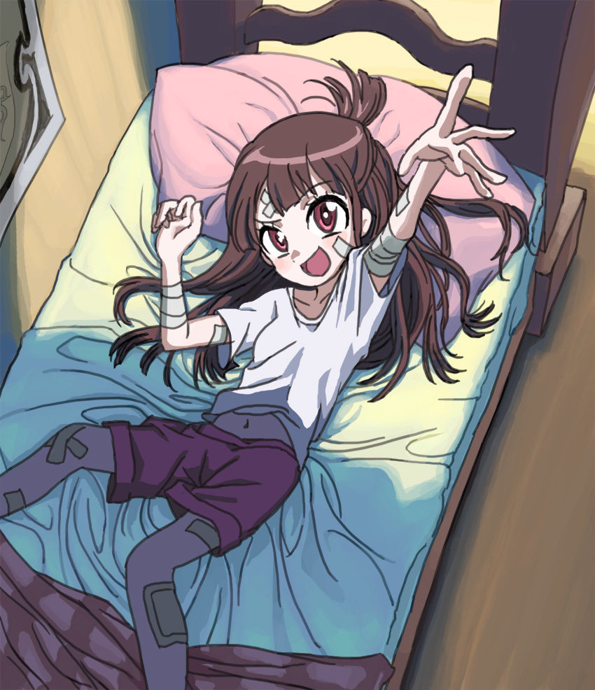 bad_id bad_pixiv_id bandages bandaid bandaid_on_arm bandaid_on_face bandaid_on_forehead bandaid_on_knee bandaid_on_leg bed bed_sheet blanket brown_hair half_updo kagari_atsuko little_witch_academia long_hair navel pillow red solo witch